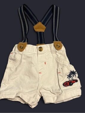 White Baby Shorts with Striped Suspenders and Red Car Patch